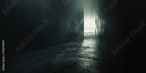 Dark big room hall smoke damp moist water loft rough back wall texture white light through corner exit straits