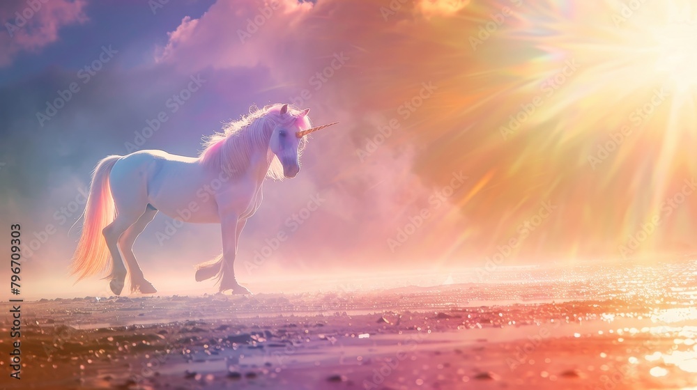 Magical unicorn in a shimmering rainbow landscape  AI generated illustration