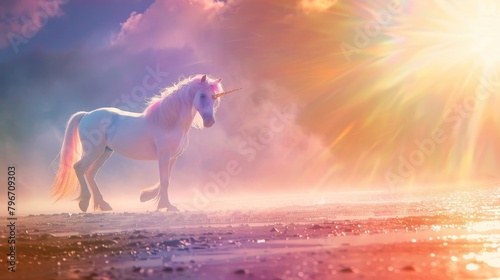 Magical unicorn in a shimmering rainbow landscape AI generated illustration