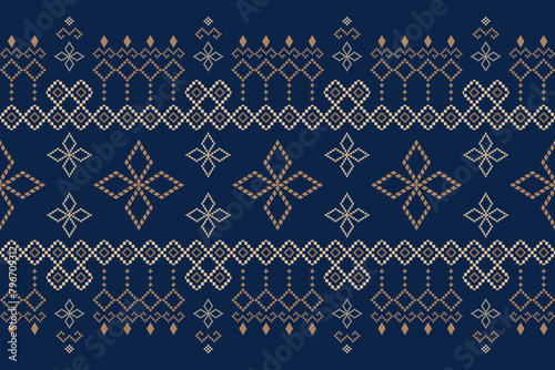 Beautiful traditional ethnic motifs ikat geometric fabric pattern cross stitch.Ikat embroidery Ethnic oriental Pixel.Abstract,vector,illustration. Texture,scarf,decoration,wallpaper,curtain,sarong.
