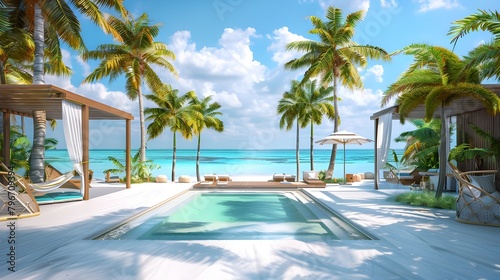  A serene tropical pool and beach area with palm trees, perfect for relaxation and soaking up the sun. photo