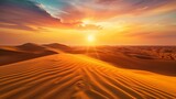 Majestic sunrise over a vast desert landscape, casting warm hues of gold and orange across the towering sand dunes.