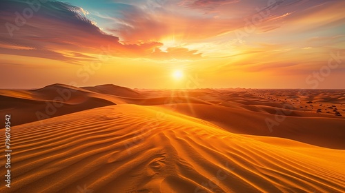 Majestic sunrise over a vast desert landscape  casting warm hues of gold and orange across the towering sand dunes.