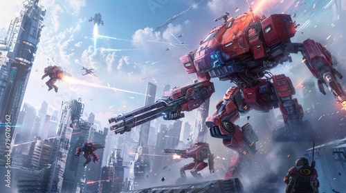 Mechs battling it out in a futuristic cityscape  AI generated illustration photo