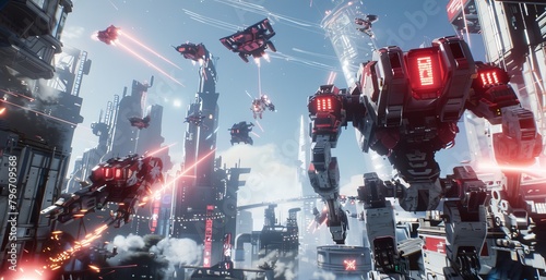 Mechs battling it out in a futuristic cityscape AI generated illustration