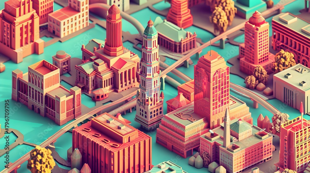 Memphis landmarks reimagined in a retro 3D aesthetic  AI generated illustration