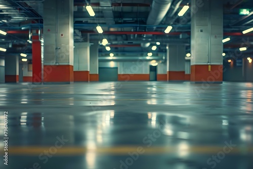 Empty indoor mall parking lot without any cars. Concept Empty Parking Lot, Indoor Setting, Mall Background, Urban Landscape