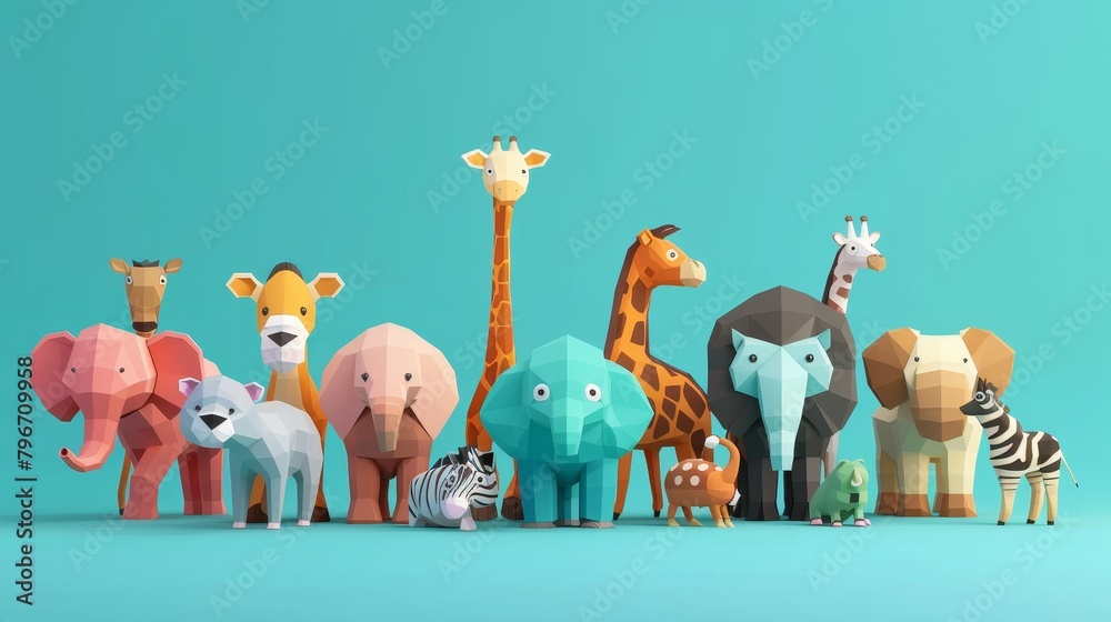 Naklejka premium Memphis zoo animals in a playful 3D style AI generated illustration