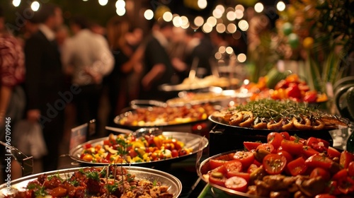 A sea of blurred faces and lively chatter fill the background as the main attraction a colorful spread of delectable cuisine steals the spotlight at the lively gourmet gathering. .