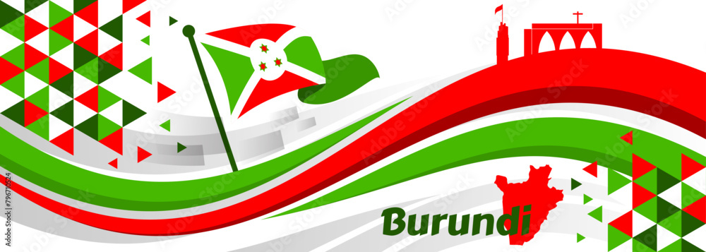 Fototapeta premium Happy Burundi Independence Day Vector Illustration on 1 July with Waving Flag and Ribbon in National Holiday Flat Cartoon Background