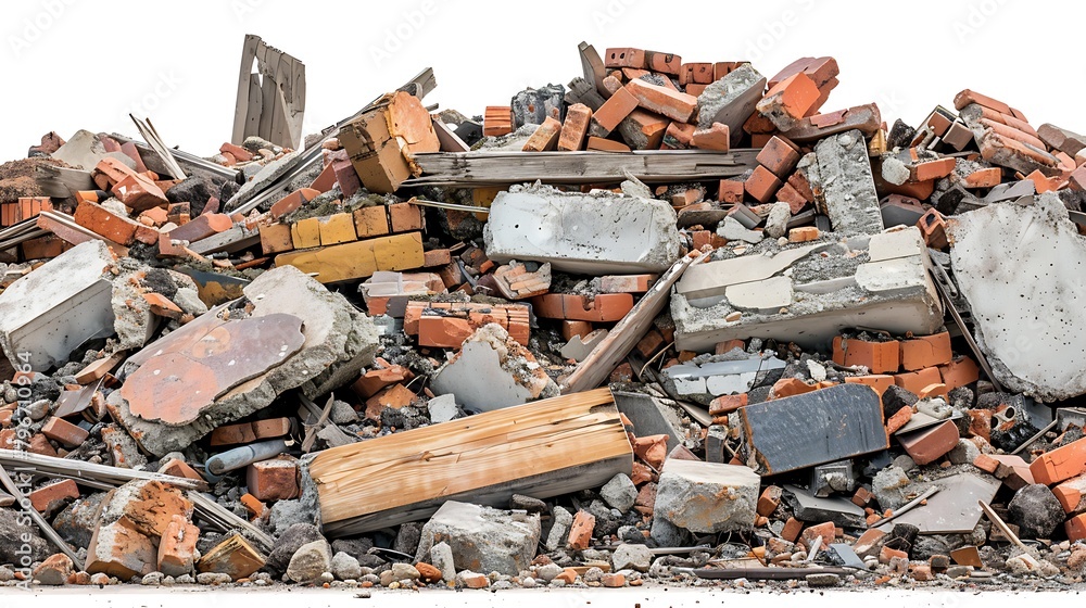 a large pile of assorted construction debris, with a mix of wooden planks, concrete chunks, and broken bricks