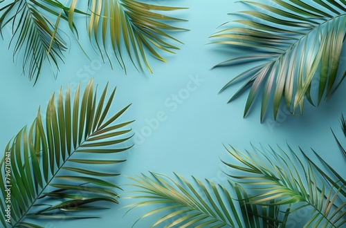 Group of Palm Leaves Against Blue Background © yganko
