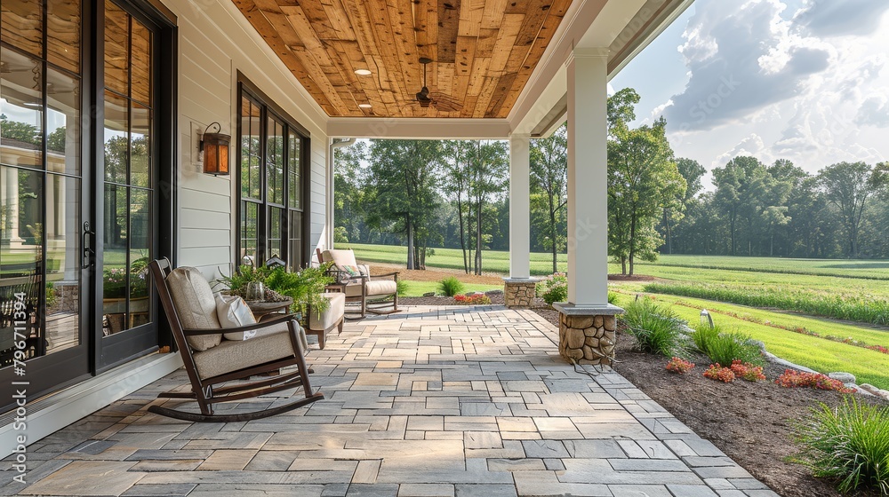  Tranquil Farmhouse Welcome: Stone Paver Front Porch with Rocking Chairs