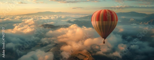 Hot Air Balloon Flying Over Mountain Range