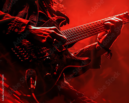 A guitarist plays a mean riff on his electric guitar, his fingers flying across the fretboard. The crowd is going wild.