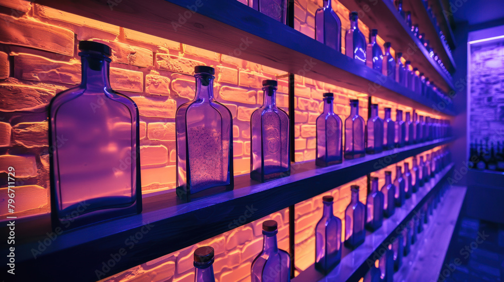 Violet bottles of alcohol in bar, restaurant or liquor store