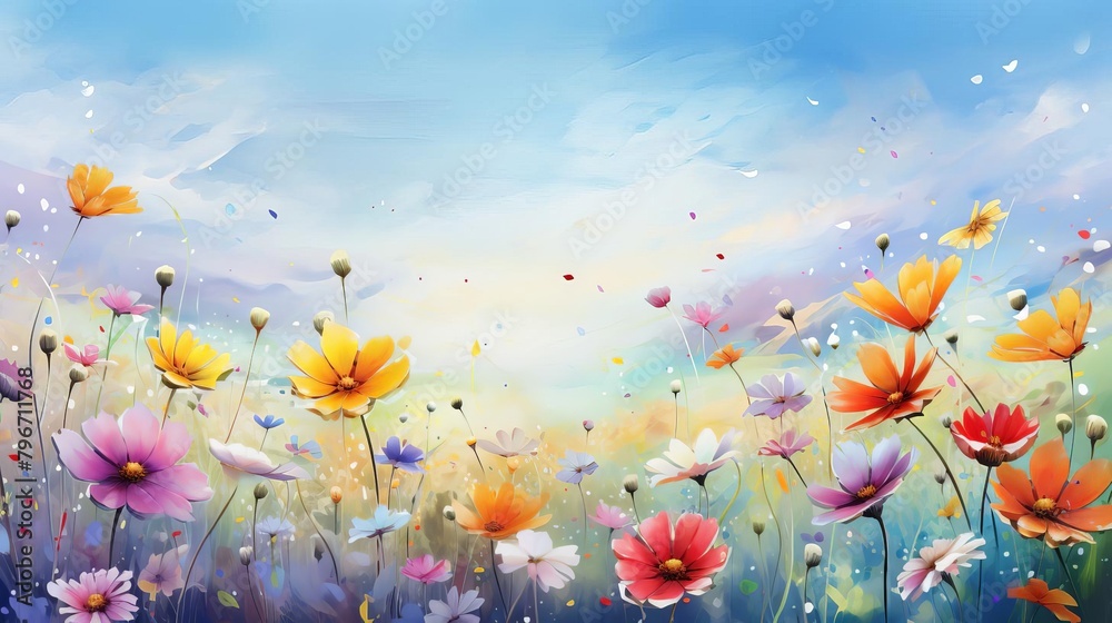 A field of flowers with a blue sky and white clouds.