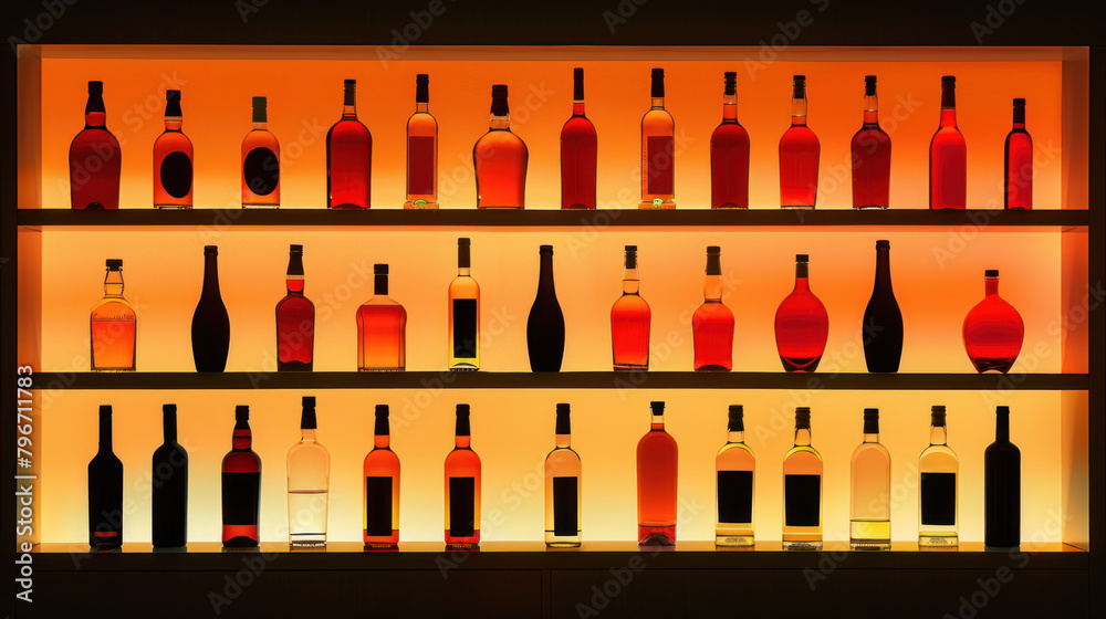 Rows of bottles on shelf in bar, amber yellow back lighting Rows of bottles on shelf in bar, amber yellow back lighting