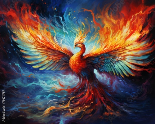 A painting of a phoenix rising from the ashes with a blue background