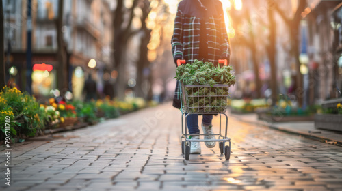 Person with shopping cart full of cannabis buds on the street