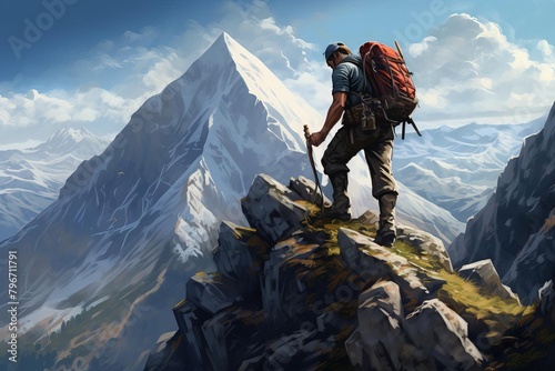 A man is standing on a mountaintop, looking out at the view. He is wearing a backpack and carrying a walking stick. The sky is blue and there are clouds in the distance. photo