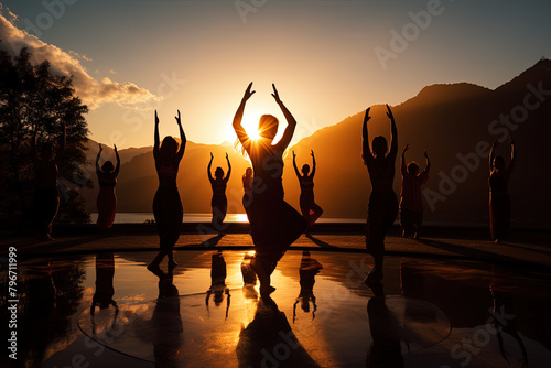 Eine spirituelle Yoga-Sitzung in der Natur bei Sonnenuntergang photo