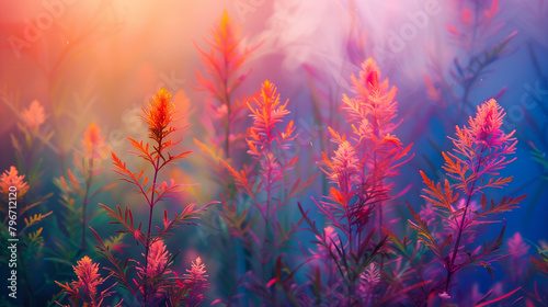 A field of flowers with a blue sky in the background