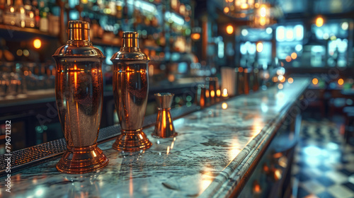 Marble bar counter with copper utensils and shelves with bottles