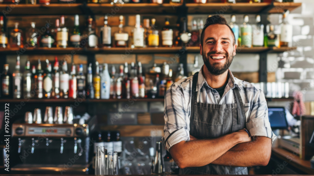Happy young male bartender in apron