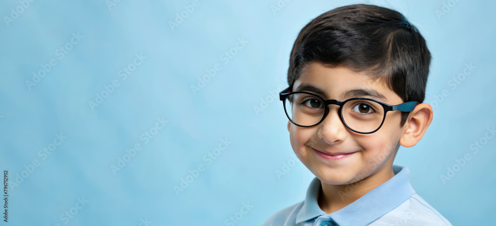 Portrait of cute Arab little boy with glasses on blue background. Copy space for text.