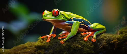 Close-up of a colorful red-eyed tree frog perched on vibrant green moss in a rainforest setting.
