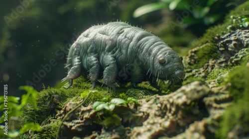 Detailed macro shot of a tardigrade moving on a mossy surface, highlighting its adaptability and tiny features in a natural environment photo