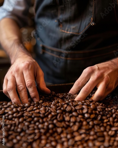 Detailed view of a barista examining freshly roasted coffee beans for quality, with a focus on the texture and aroma in an artisanal cafe setting
