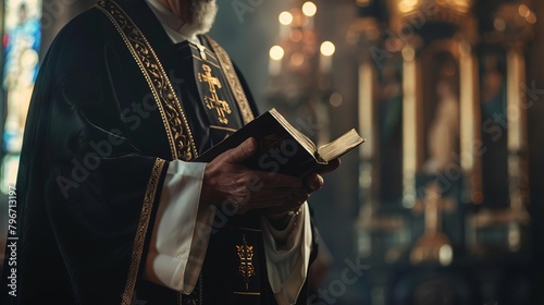 Detailed photo of a priest s hands holding a Bible, with a focus on the symbolic elements of his vestments, set against the backdrop of a church altar photo