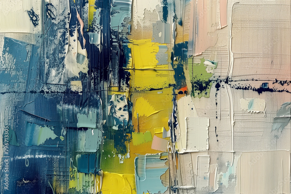 Fototapeta premium Abstract colorful painting knife brush paint blue yellow white tones.