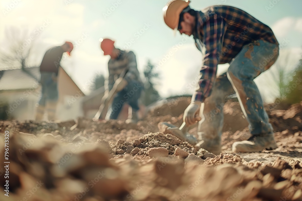 Joyful construction team working at site. Concept Construction Progress, Team Collaboration, Job Site Efficiency, Equipment Management Joyful construction team working at site. Concept Construction Progress, Team Collaboration, Job Site Efficiency, Equipment Management