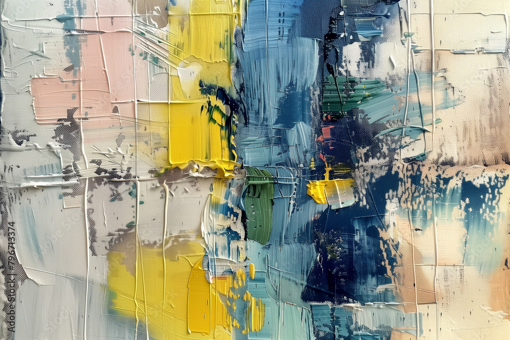Fototapeta premium Abstract colorful painting knife brush paint blue yellow white tones.