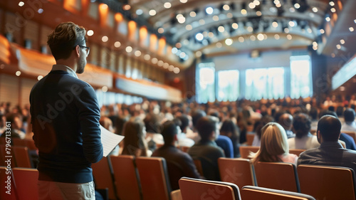 Realistic stock photography portraying the scene of a conference hall filled with people, their attention focused on the stage where a speaker stands delivering a dynamic presentation. Ai generated