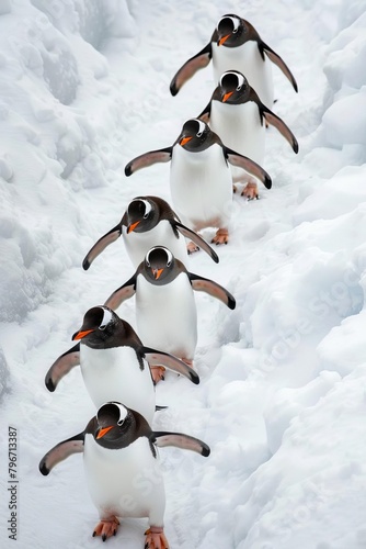 Overhead photo of a group of penguins waddling in a clumsy, synchronized line, slipping and sliding on ice, embodying a slapstick comedy routine photo