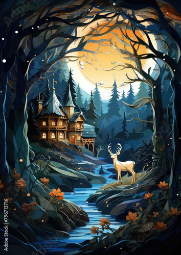 fairy-tale deer with antlers against the background of a forest and a magical house  illustration cut out of paper  wallpaper  nature  animals  fawn  dream  fantasy