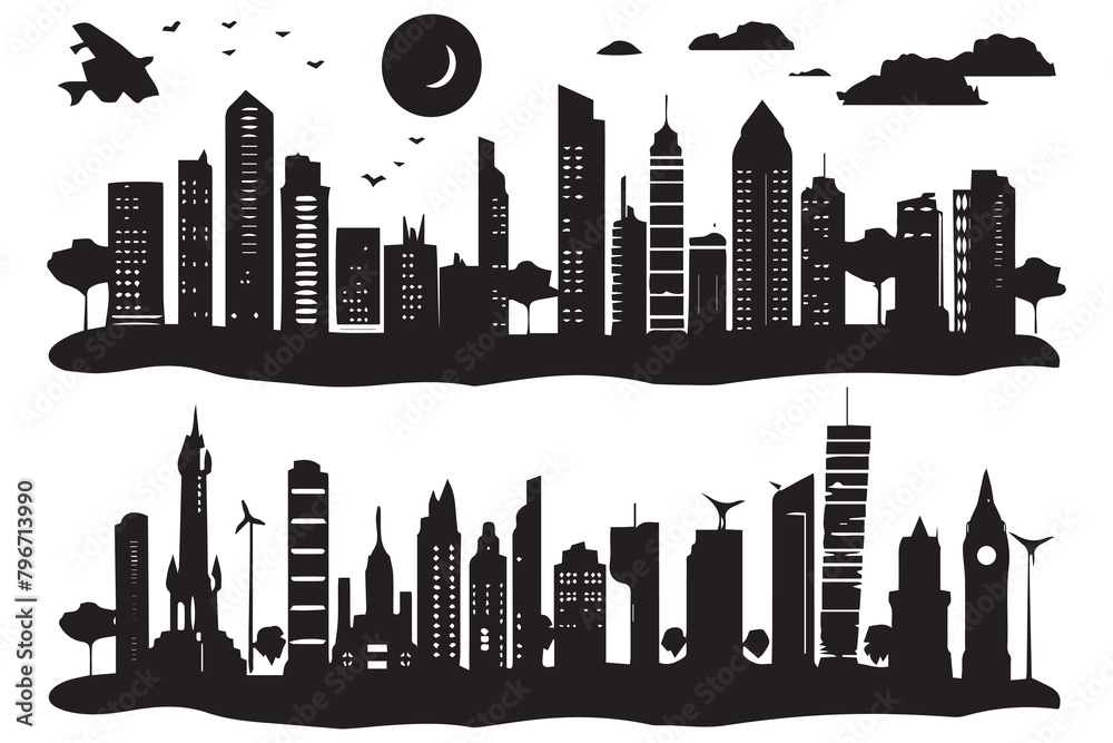 Naklejka premium set of Vector silhouette of city with black color illustration