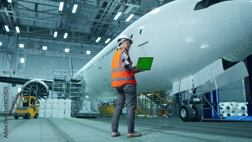 Full Body Back View Of Asian Male Engineer With Safety Helmet Standing With Aircraft In The Hangar. Looking At Green Screen Laptop And Looking Around While Aircraft Maintenance