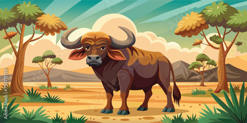 Wild cattle with large buffalo horns-