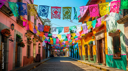 A street decorated with colorful paper cutouts and pennants in Mexican folk art decorations. Colorful flags hang from buildings
