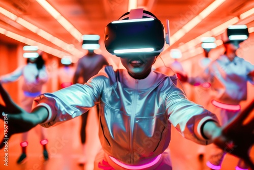 A group of people enjoying a virtual reality experience, with neon lighting enhancing the immersive environment.
