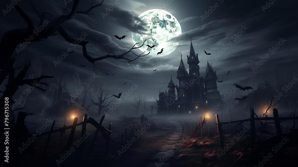 A dark and stormy night. A haunted house sits on a hill, surrounded by a graveyard. The moon is full and the bats are flying.