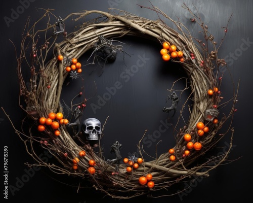 Detailed closeup of a Halloween wreath made from black twigs, orange berries, and miniature ghosts, perfect for a festive door decoration