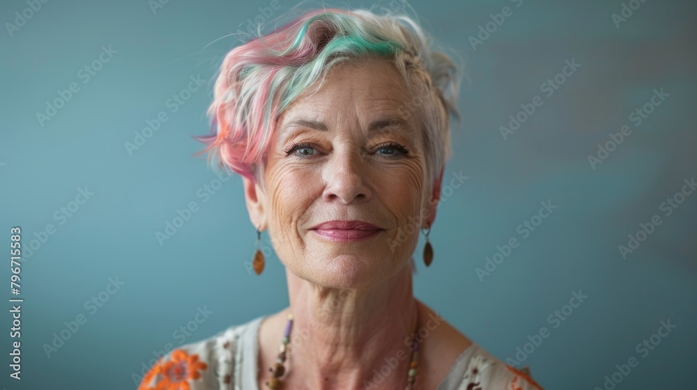 Portrait of smiling elderly woman with colored hair. A photo on the nature background