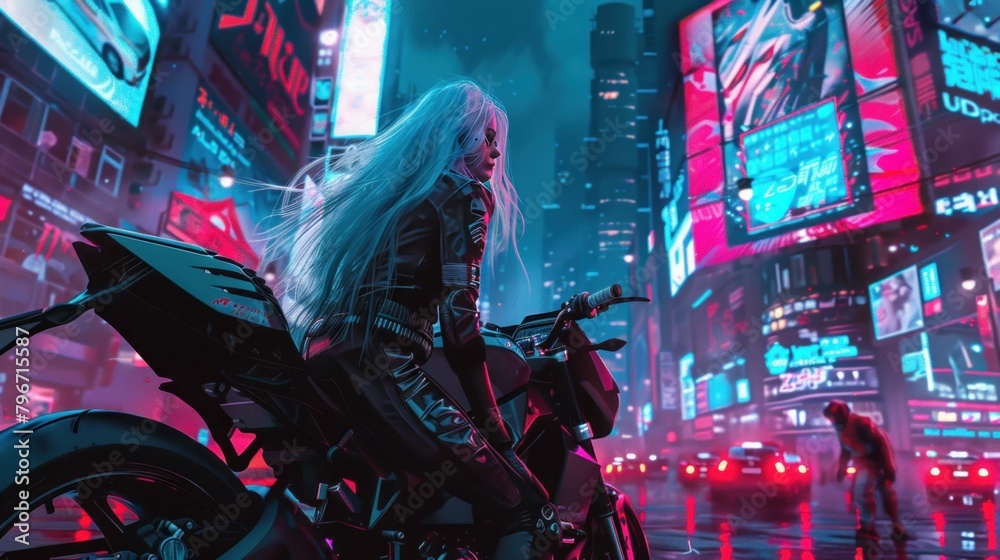 Stylish white hair woman riding a motorbike modern futuristic cyberpunk style AI generated image