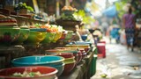Amidst the soft blur of a morning market the sounds of clinking dishes and chatter of eager customers can be heard creating a lively yet tranquil atmosphere. .